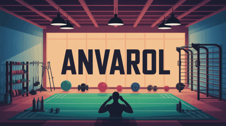 Illustration salle de sport avec silhouettes musclées, ambiance sèche Anvarol