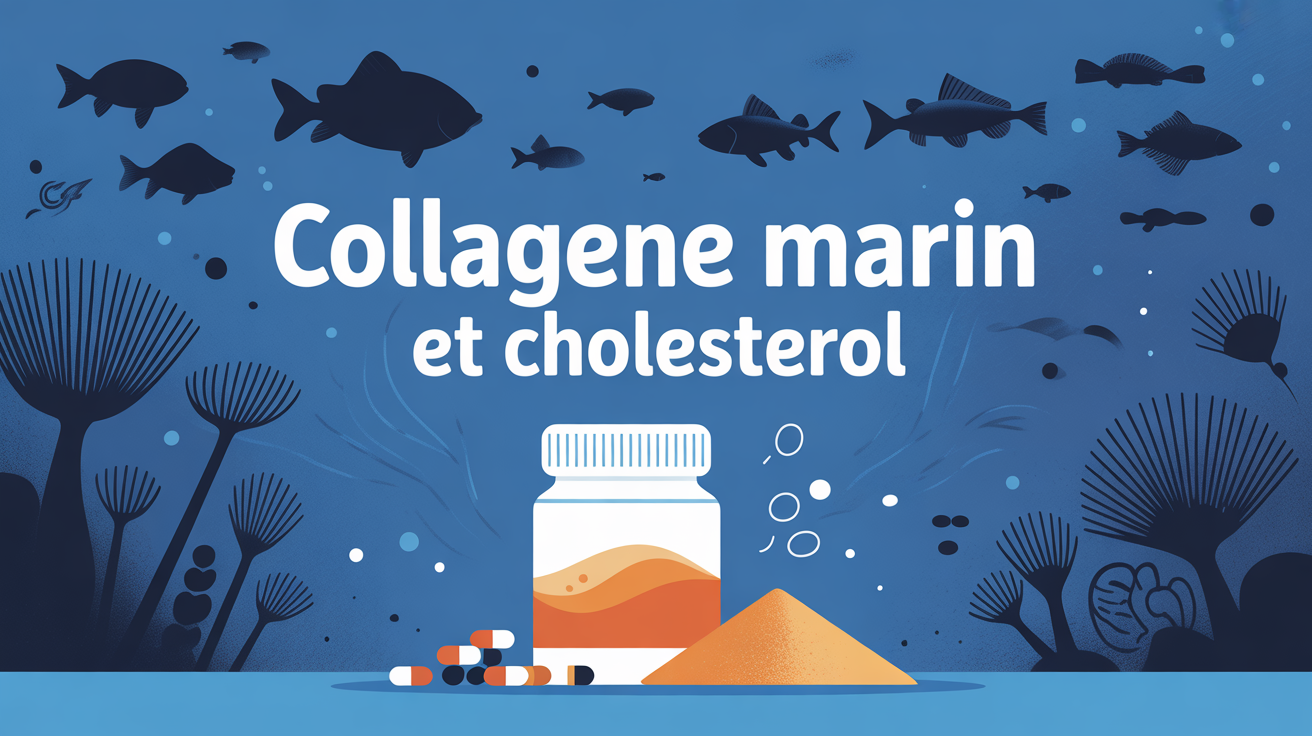 Boite de poudre et gelules collagene marin, fond poissons artères, titre cholesterol