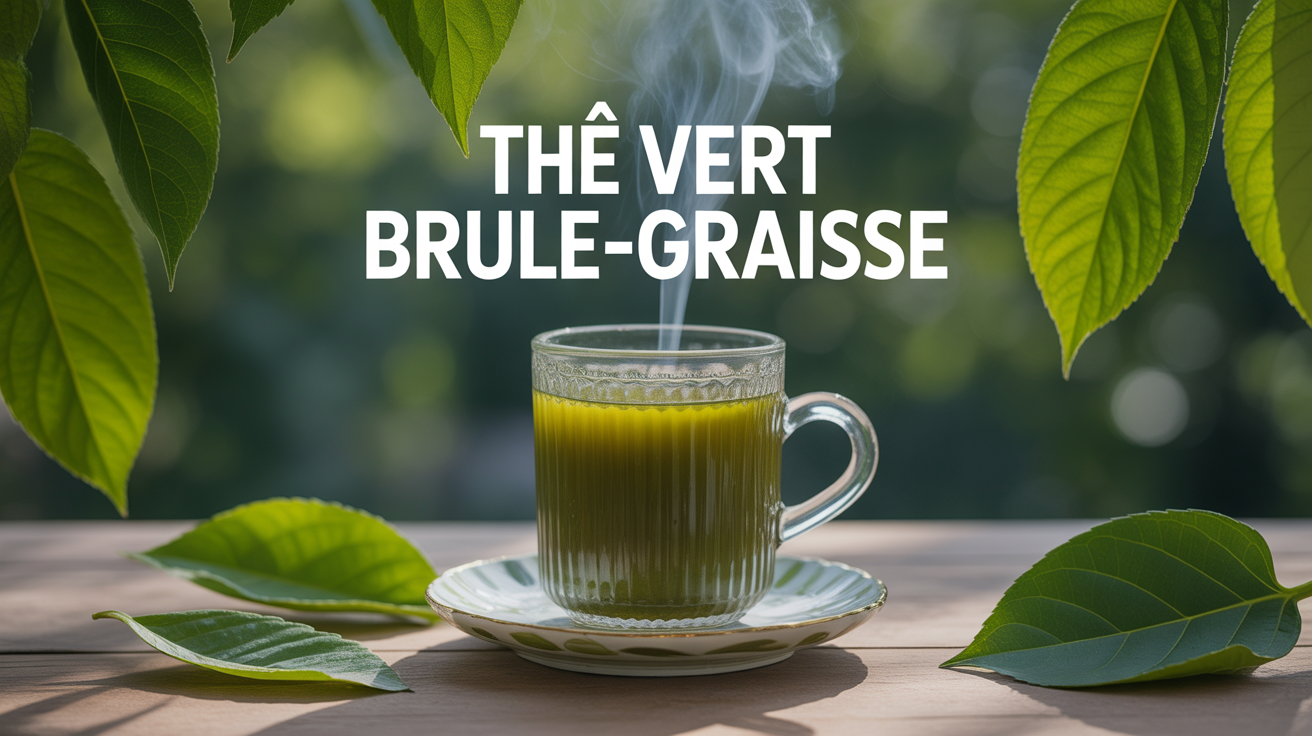 Grande tasse de the vert brule graisse fumant avec feuilles
