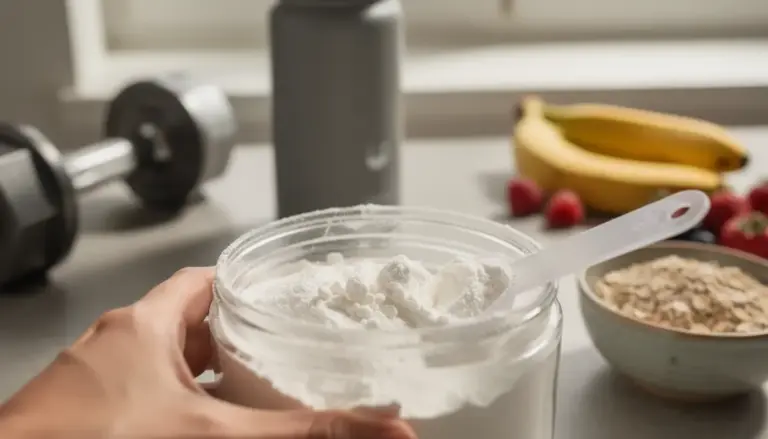 Pot de blanc d'œuf en poudre, cuillère, haltère, et fruits