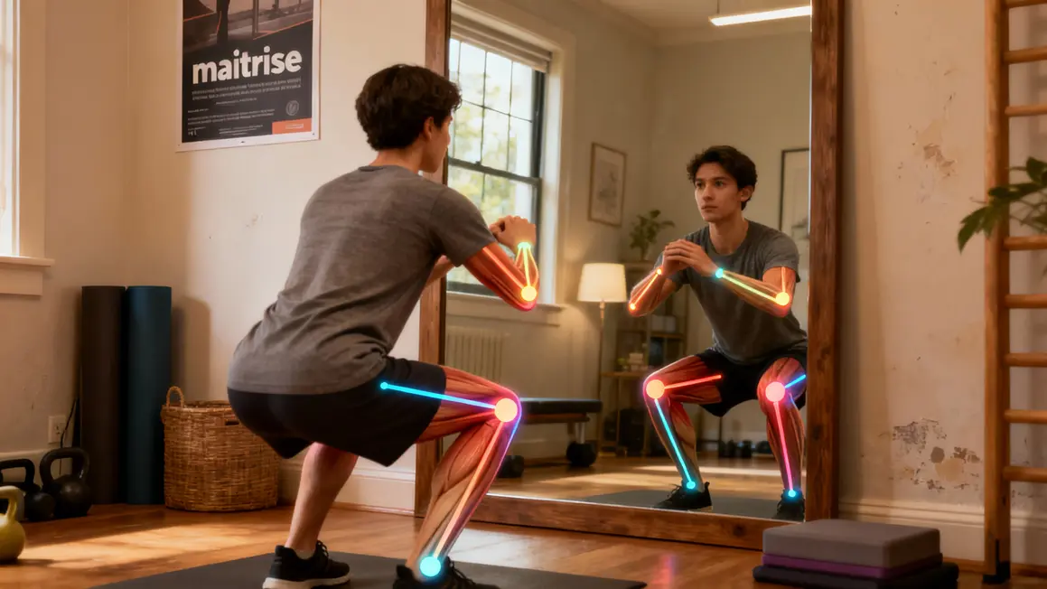 personne effectuant un squat devant miroir, focus maîtrise