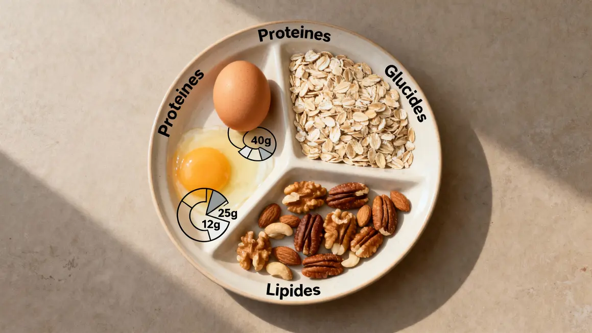 Petit déjeuner prise de masse musculation assiette protéines glucides lipides graphiques