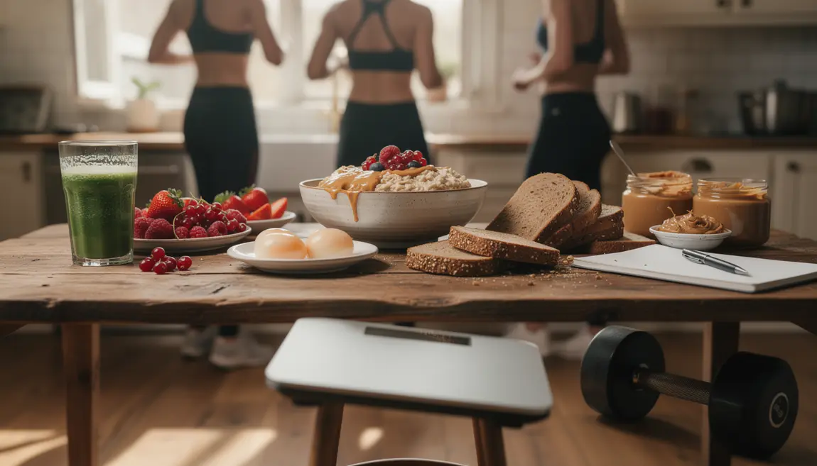 Petit déjeuner prise de masse musculation avec bol avoine oeufs pain complet smoothie