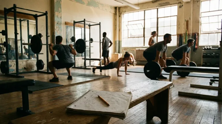 salle de musculation avec adultes s'entraînant, carnet visible