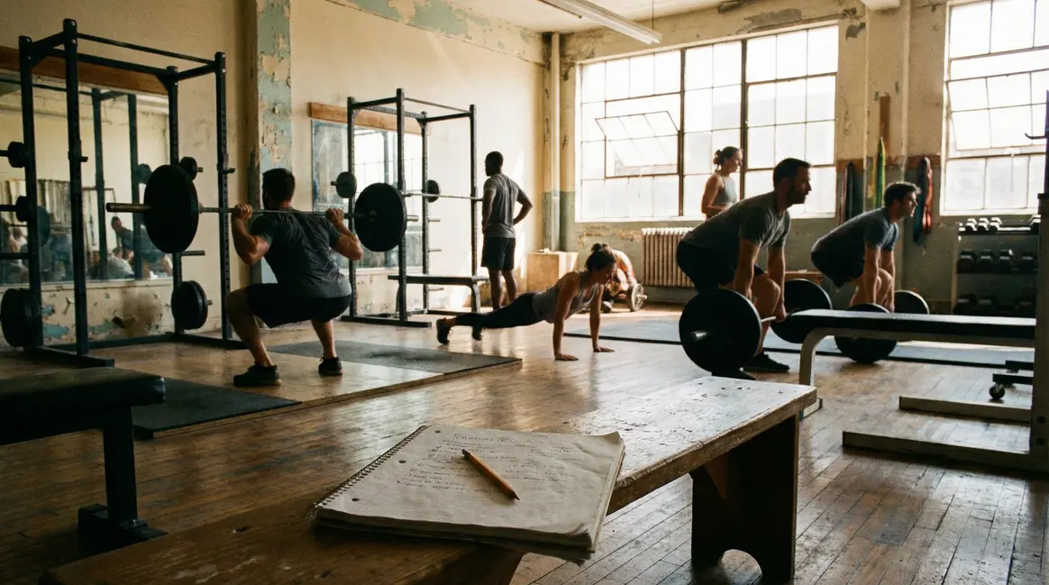 salle de musculation avec adultes s'entraînant, carnet visible
