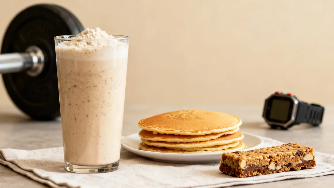 Shake, pancakes et barre protéinée blanc d'œuf poudre