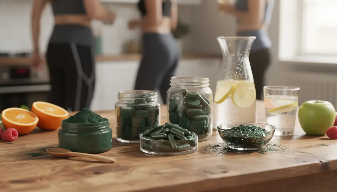 spiruline en poudre comprimés gélules paillettes sur table bois
