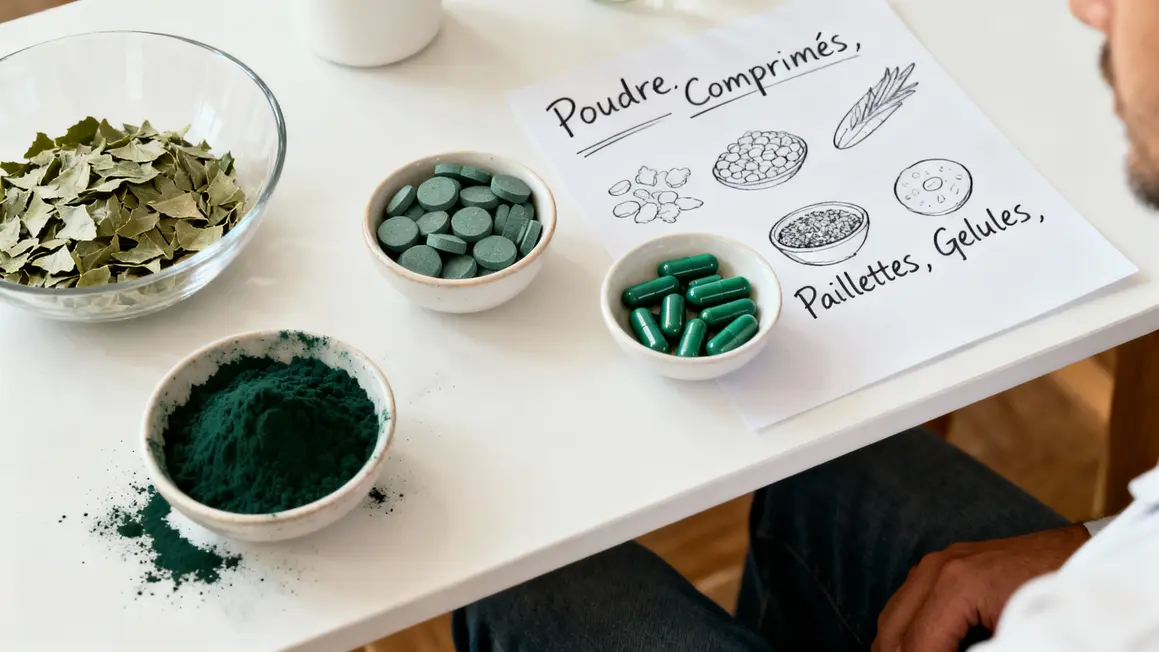 spiruline différents formats poudre comprimés gélules paillettes sur table