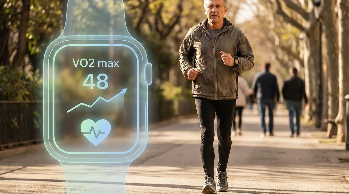Personne mature courant montre connectée VO2 max coeur longévité