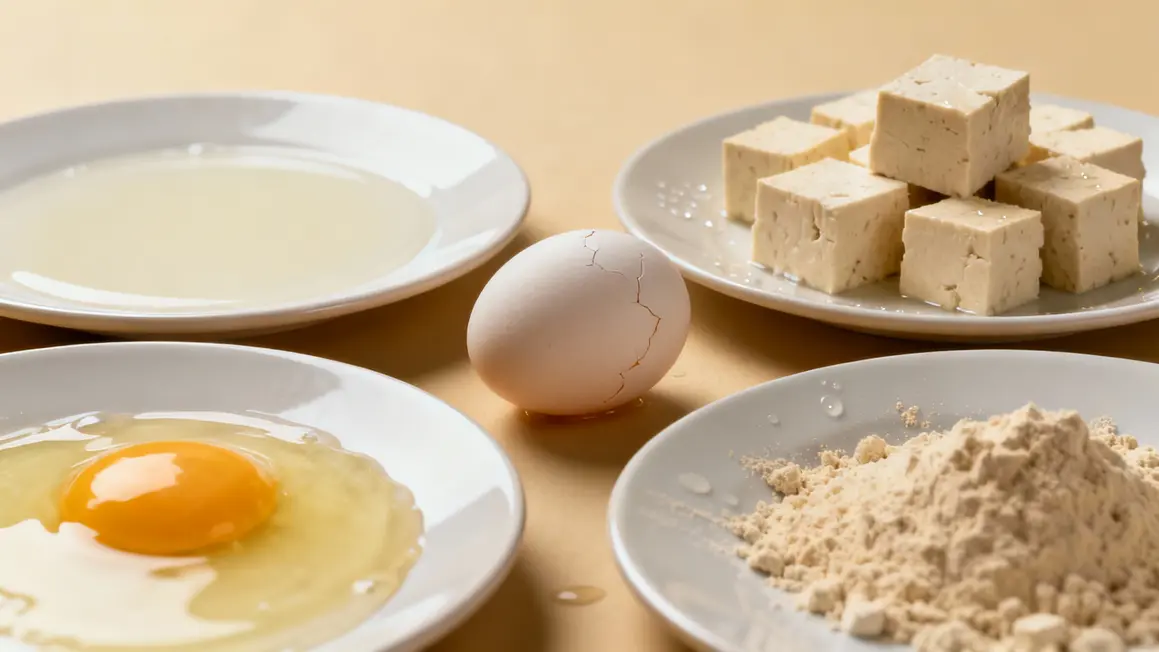 Tableau visuel protéines: blanc d'œuf, œuf entier, tofu, whey
