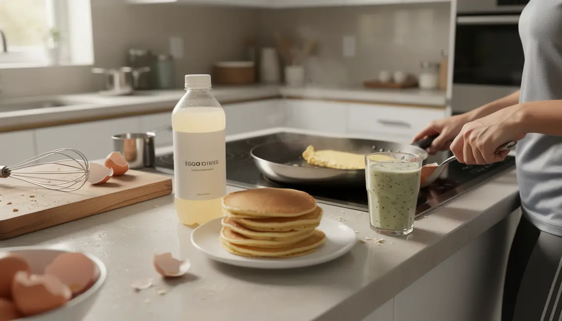 Cuisine moderne avec blanc d'œuf liquide, omelette, pancakes, smoothie