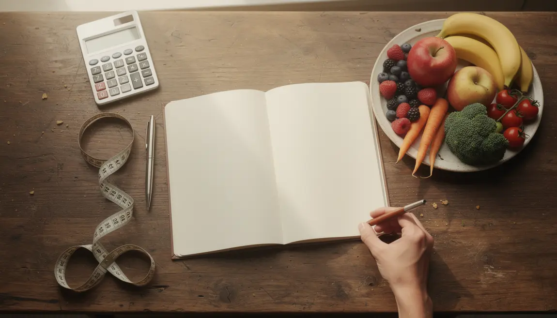 Vue d'un carnet avec calculatrice, ruban et aliments sains