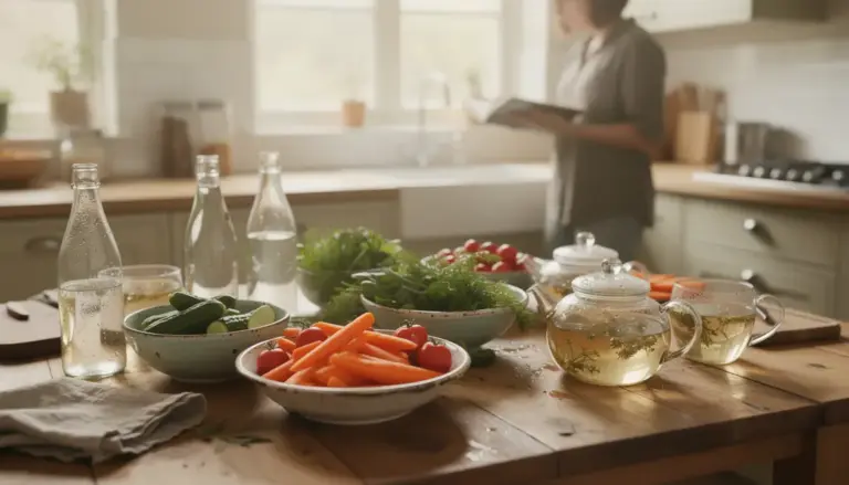 Cuisine lumineuse pleine de legumes frais et boissons detox