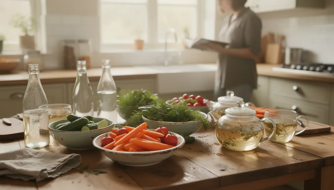 Cuisine lumineuse pleine de legumes frais et boissons detox