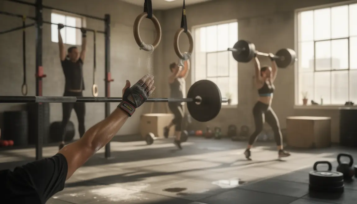 Scène d'entraînement CrossFit avec maniques pour protéger les mains