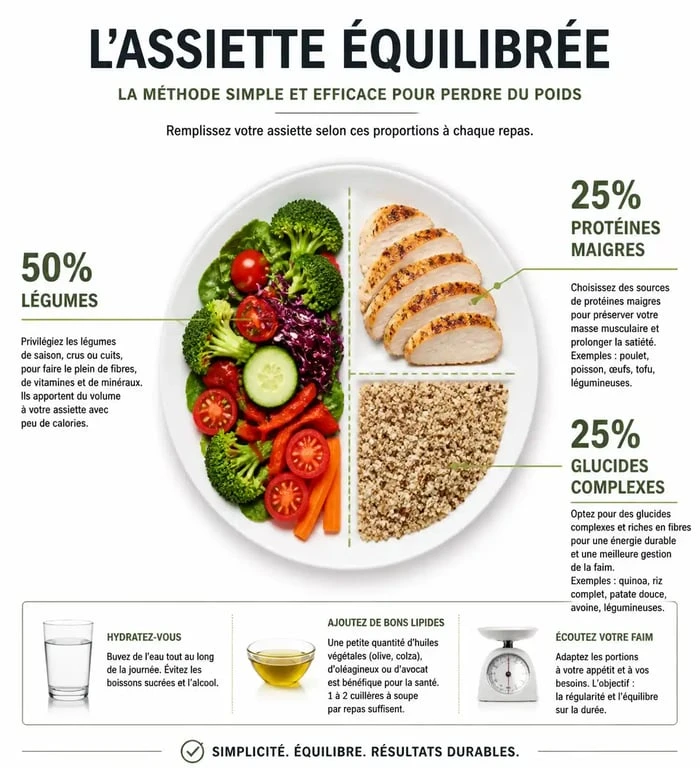 Infographie illustrant la méthode de l'assiette équilibrée pour un plan alimentaire pour perte de poids