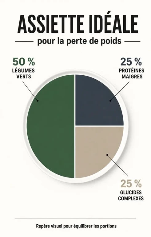 Infographie de la composition d'une assiette équilibrée pour perdre du poids efficacement
