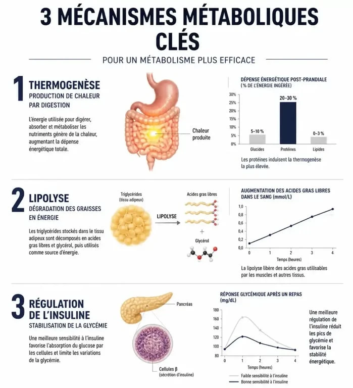 Infographie expliquant les mécanismes des aliments brûle-graisse : thermogenèse, lipolyse et régulation de l'insuline pour la perte de poids.