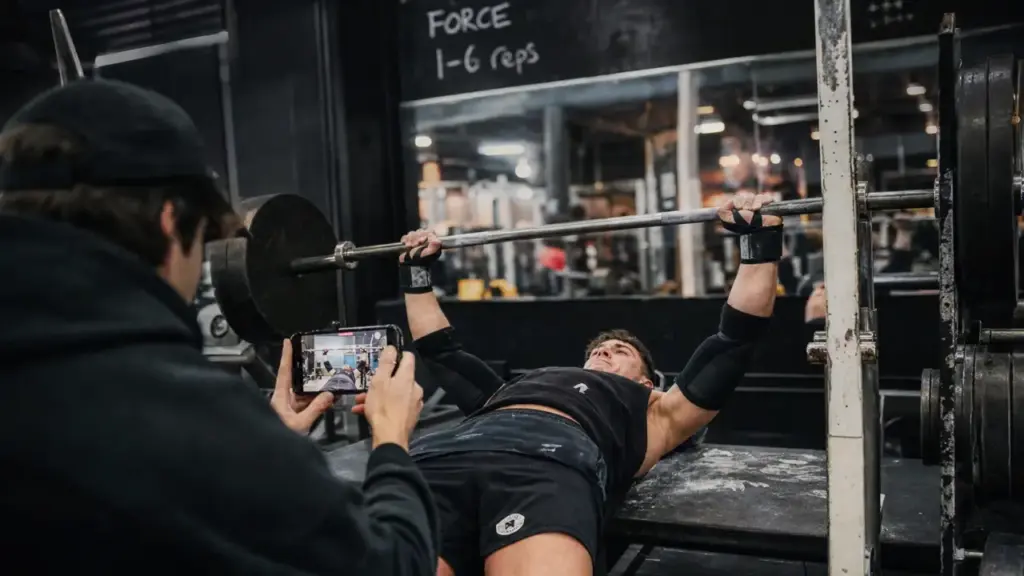 Musculation pour la force : athlète sur développé couché lourd