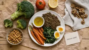 Assiette équilibrée, aliment bon pour la santé : lentilles, légumes, œuf, pois chiches et noix