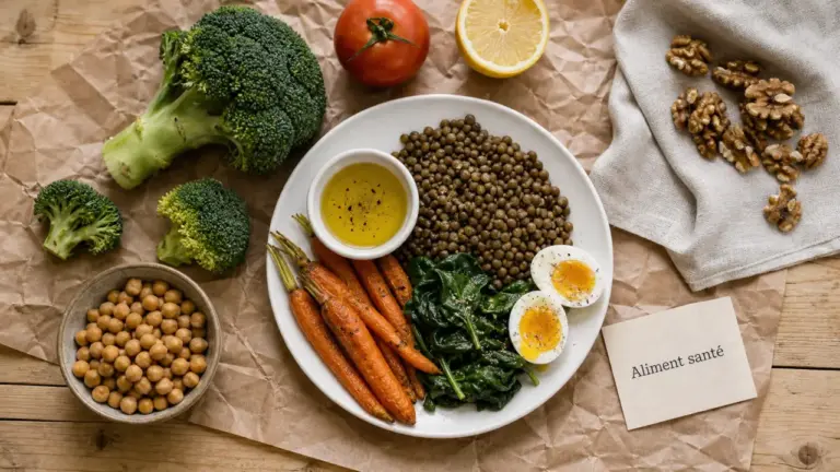 Assiette équilibrée, aliment bon pour la santé : lentilles, légumes, œuf, pois chiches et noix