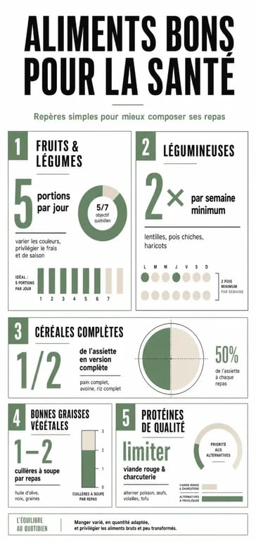 Infographie sur un aliment bon pour la santé avec les familles d’aliments à privilégier et leurs repères de consommation