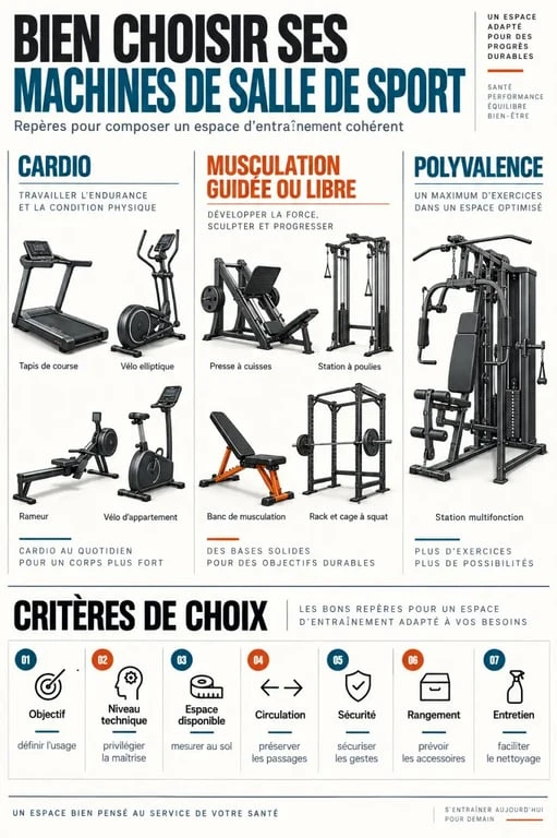 Infographie des machines de salle de sport classées par usage, niveau et espace disponible