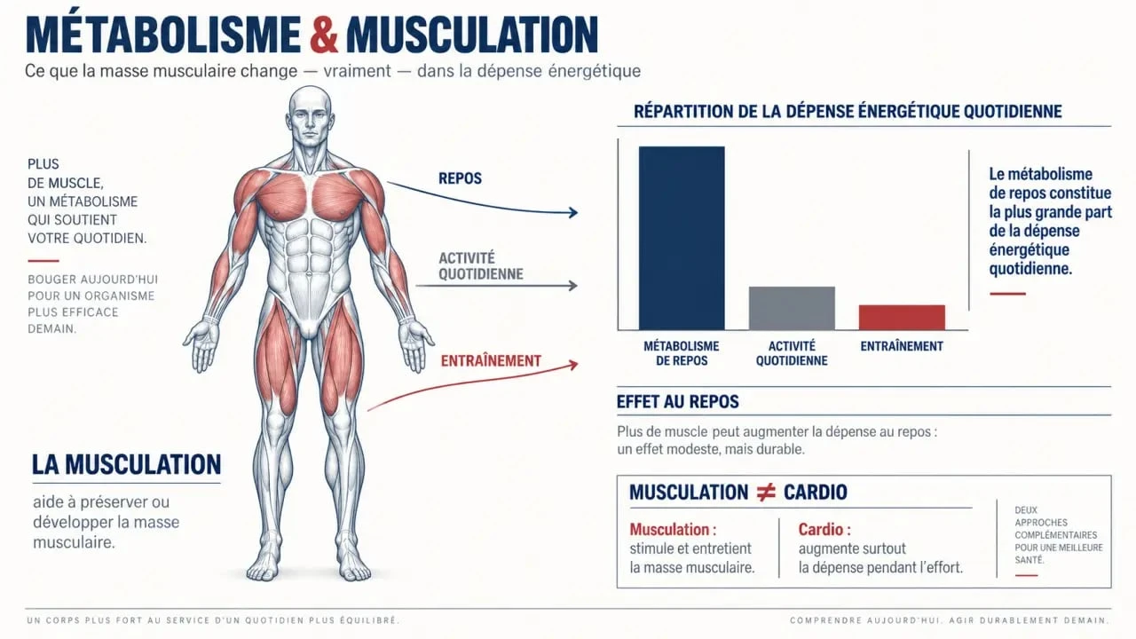 Infographie sur le métabolisme et la musculation, avec le rôle de la masse musculaire, du repos et du cardio