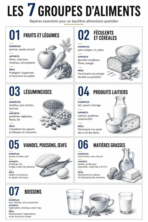 Les 7 groupes d aliments tableau en fiche visuelle claire pour mémoriser les catégories alimentaires