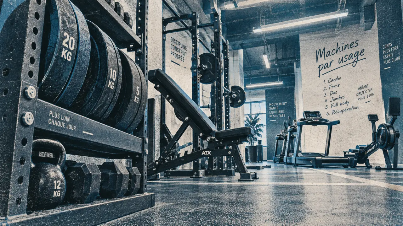 Machines de salle de sport dans une salle, rack, banc et équipements