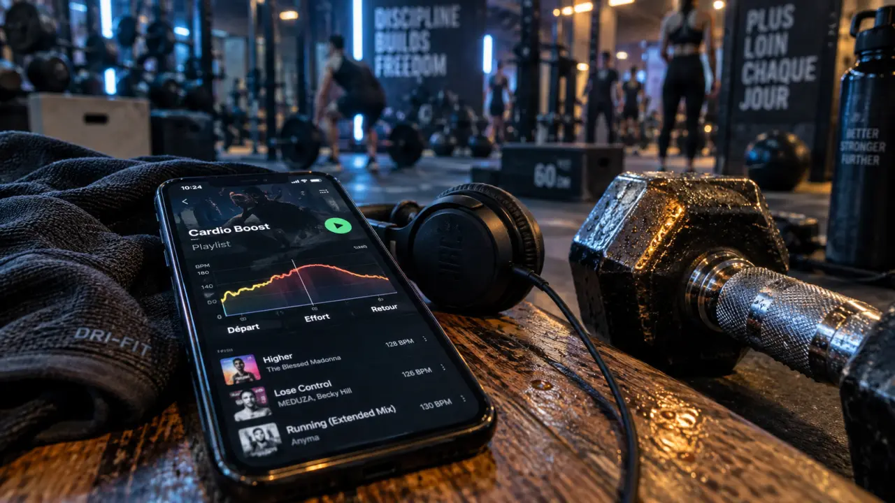 Musique pour entraînement : smartphone BPM sur banc de musculation