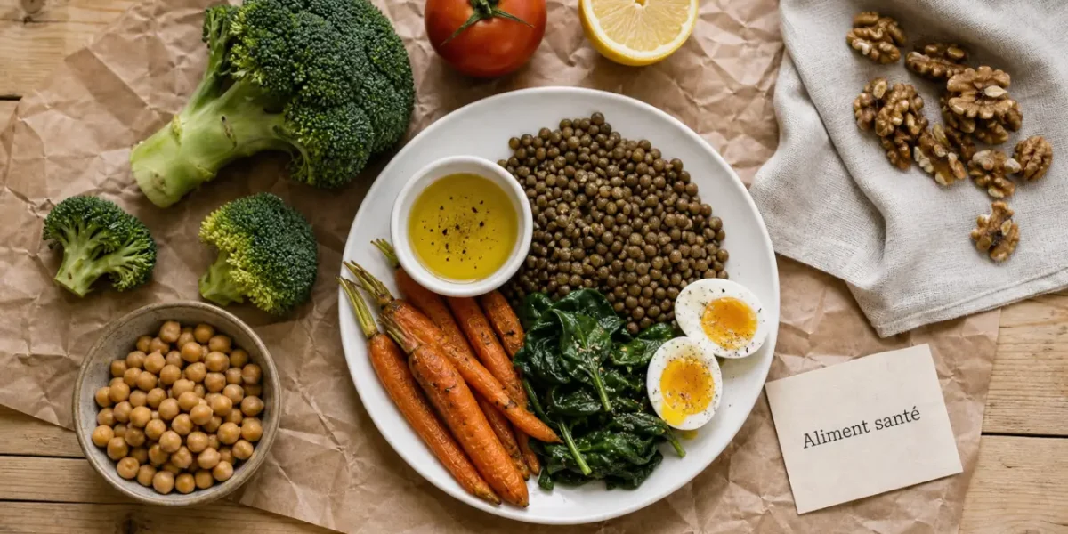Assiette équilibrée, aliment bon pour la santé : lentilles, légumes, œuf, pois chiches et noix