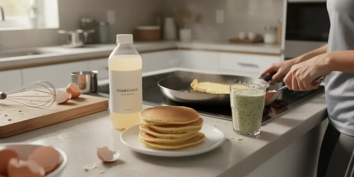 Cuisine moderne avec blanc d'œuf liquide, omelette, pancakes, smoothie