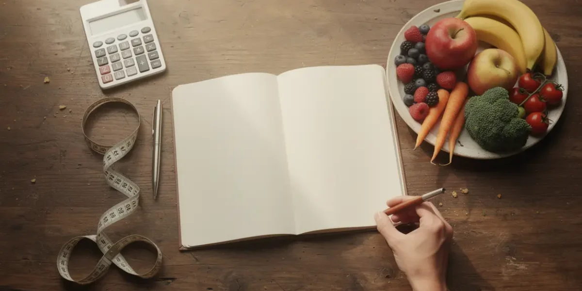 Vue d'un carnet avec calculatrice, ruban et aliments sains