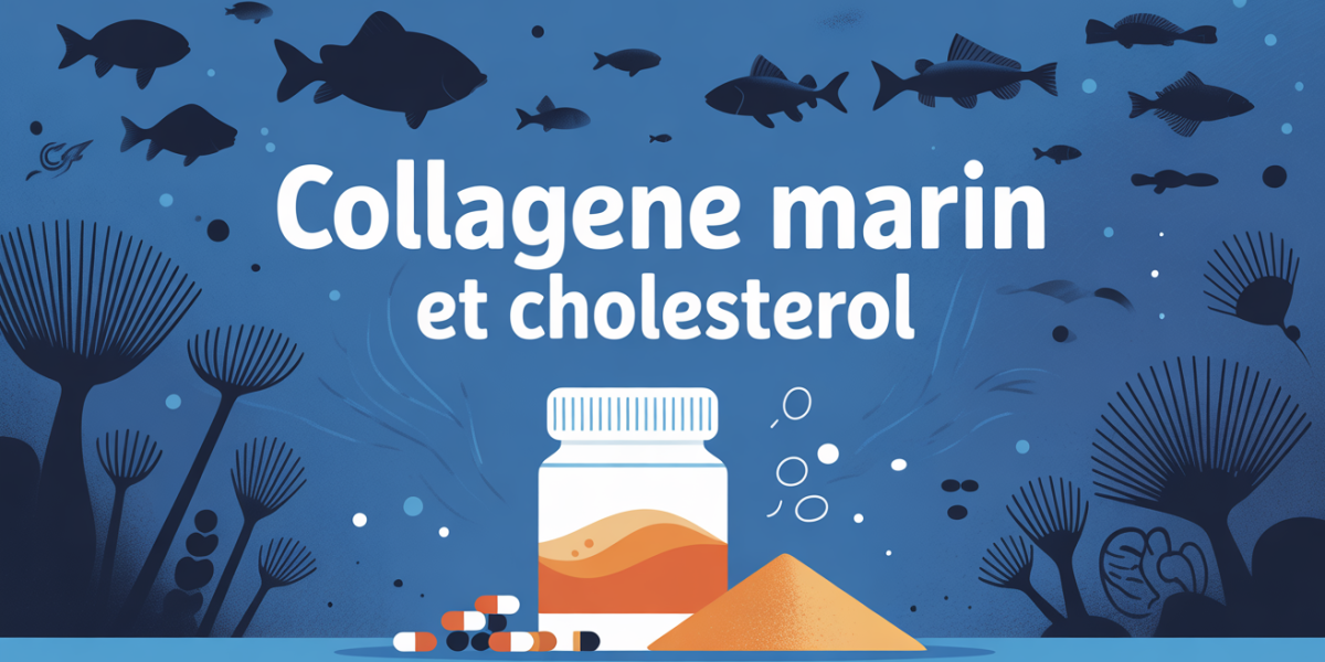 Boite de poudre et gelules collagene marin, fond poissons artères, titre cholesterol