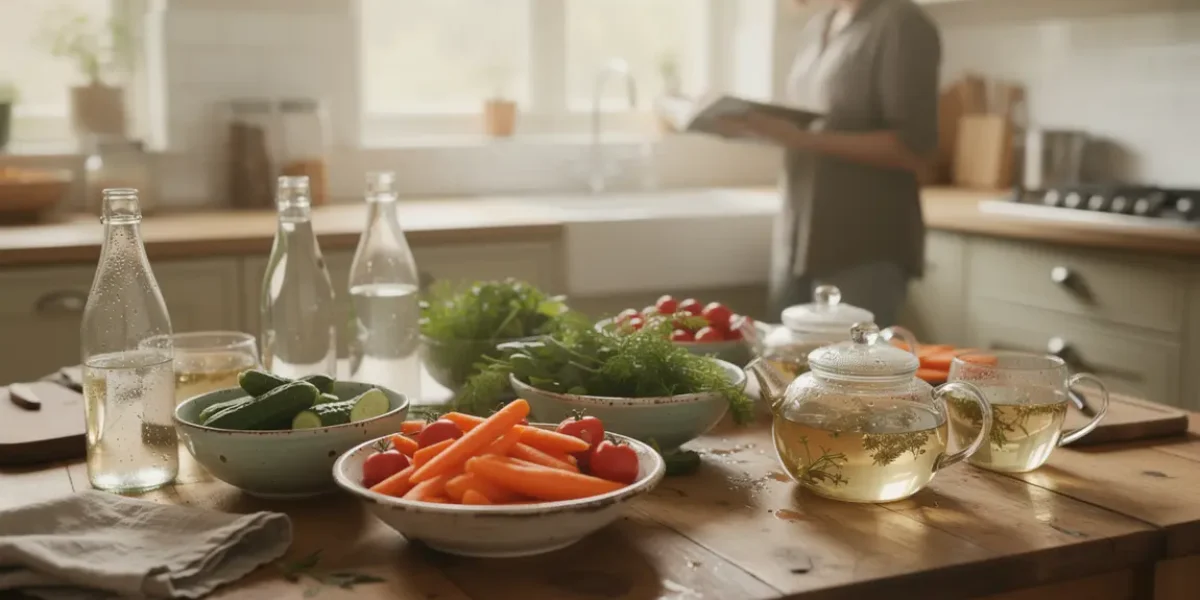 Cuisine lumineuse pleine de legumes frais et boissons detox