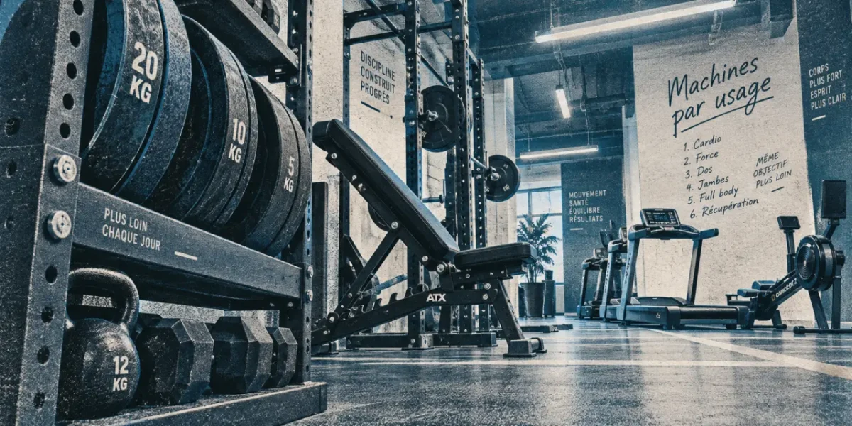 Machines de salle de sport dans une salle, rack, banc et équipements