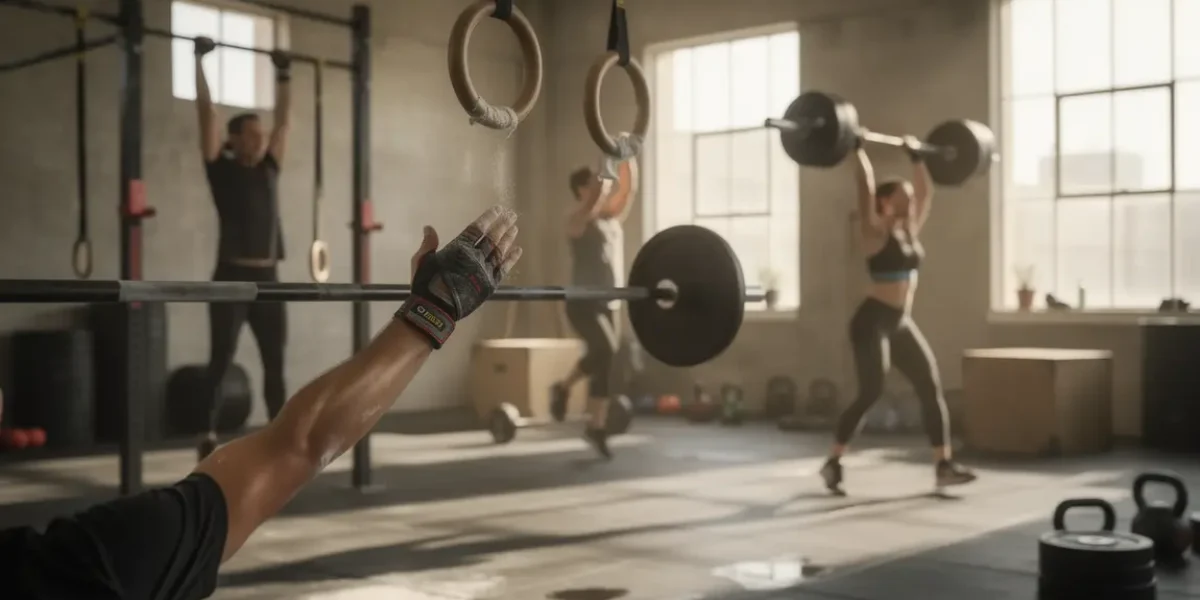 Scène d'entraînement CrossFit avec maniques pour protéger les mains