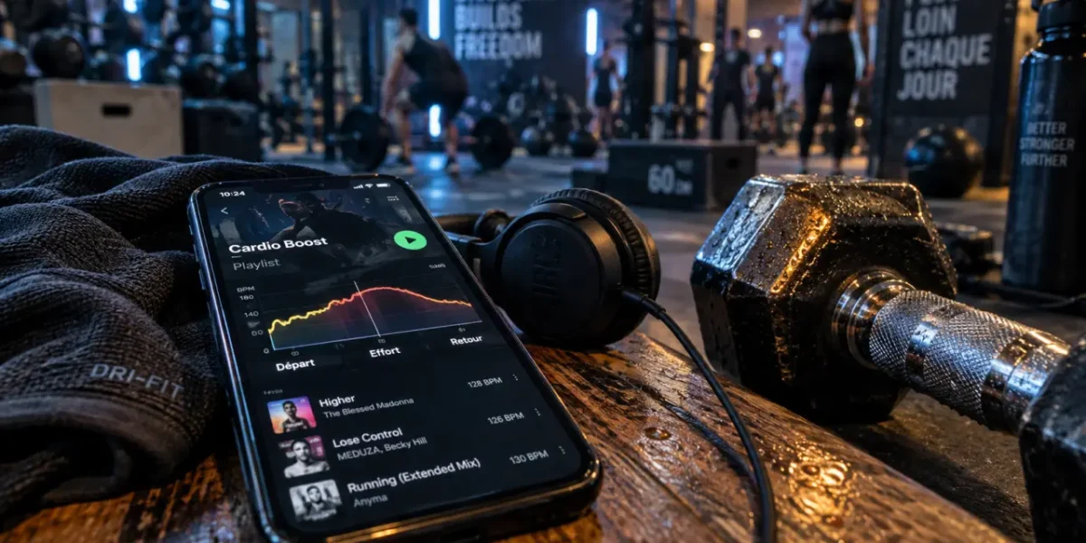 Musique pour entraînement : smartphone BPM sur banc de musculation