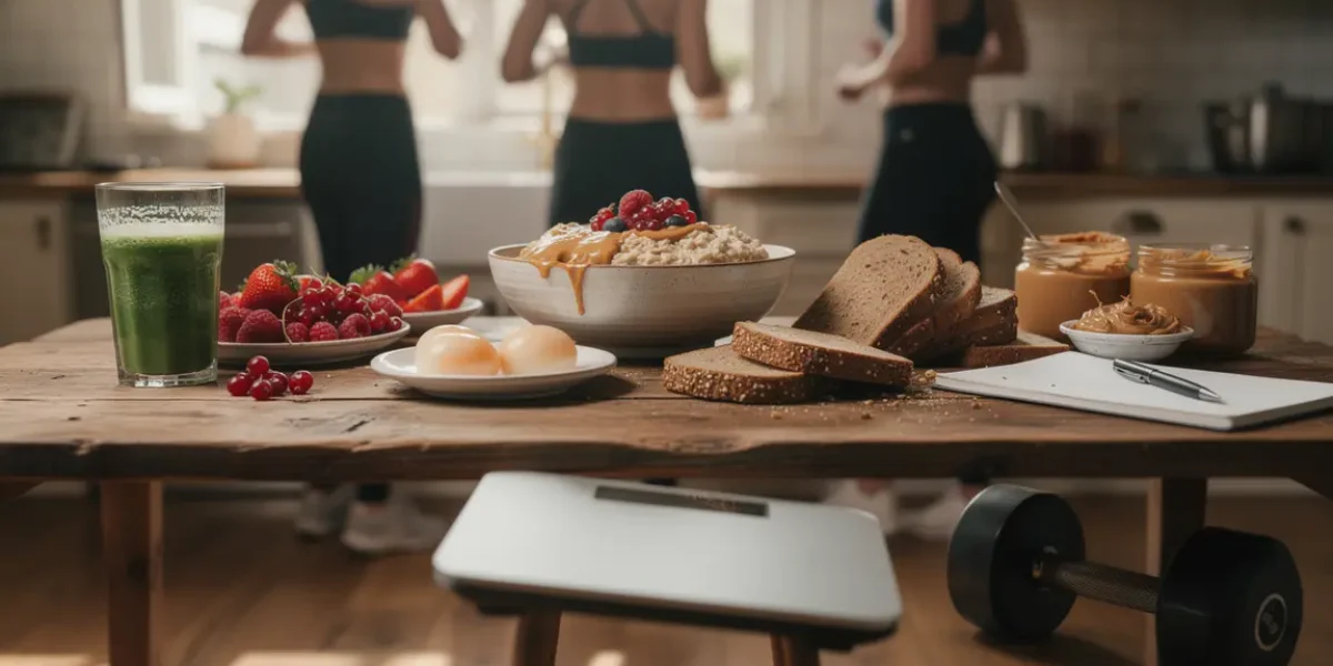 Petit déjeuner prise de masse musculation avec bol avoine oeufs pain complet smoothie