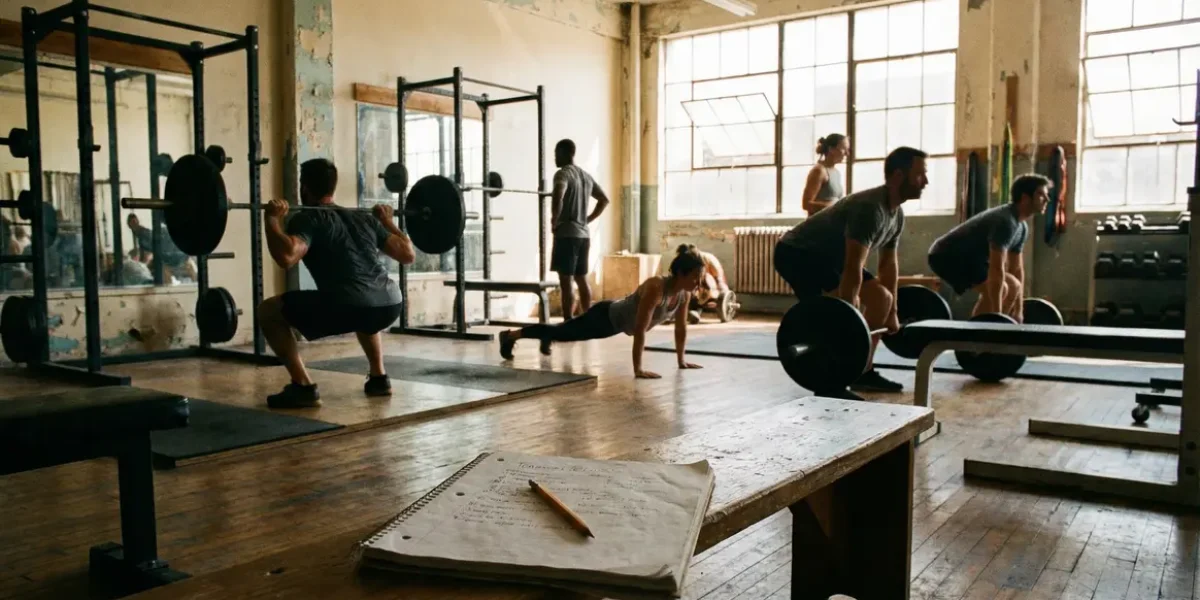 salle de musculation avec adultes s'entraînant, carnet visible