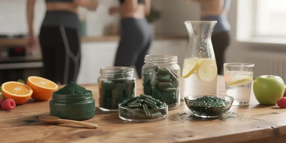 spiruline en poudre comprimés gélules paillettes sur table bois