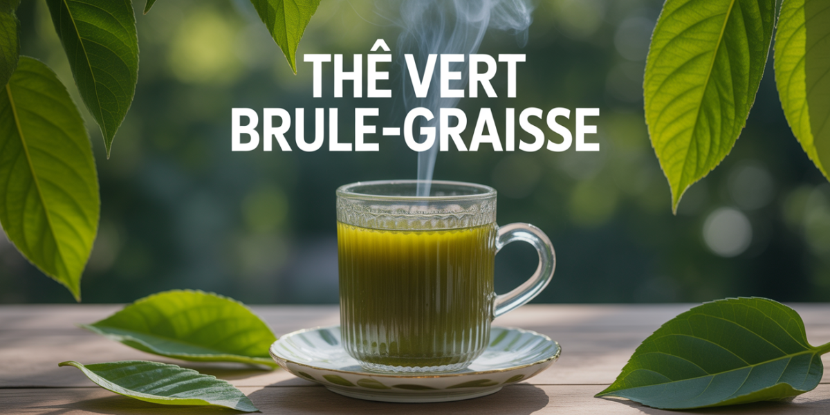 Grande tasse de the vert brule graisse fumant avec feuilles