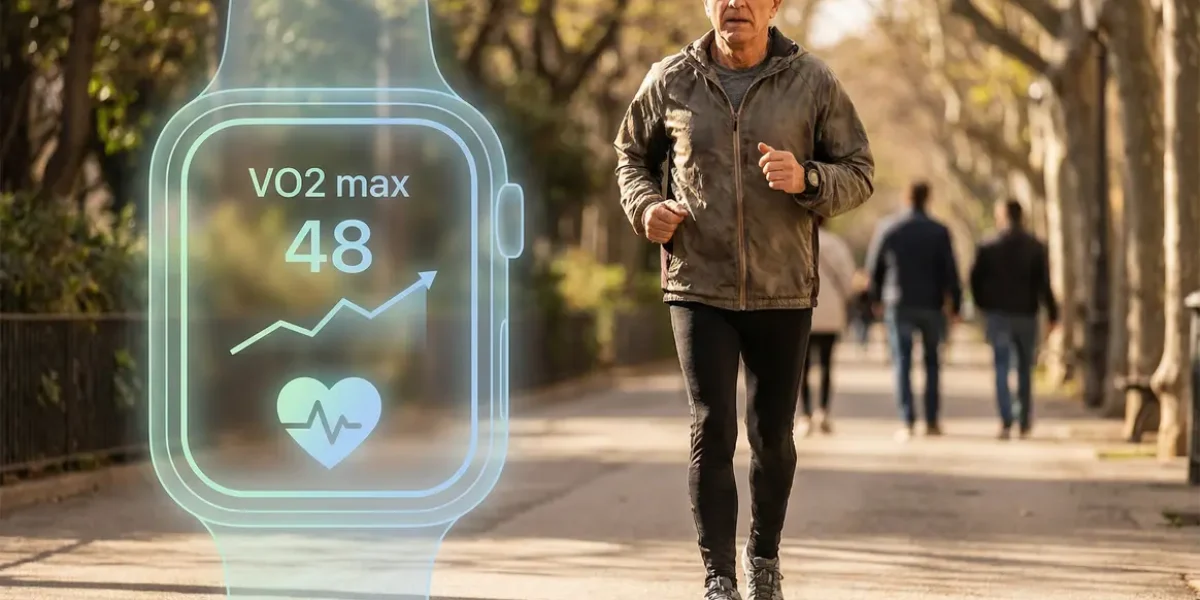 Personne mature courant montre connectée VO2 max coeur longévité